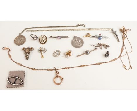 A collection of jewellery including a silver ring, RAF brooch, gold plated Victorian fob chain, compass charm in the form of 