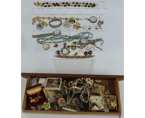 A collection of costume jewellery including 9ct gold watch back, rings, beads, watches, silver brooch set with blue john, Exq