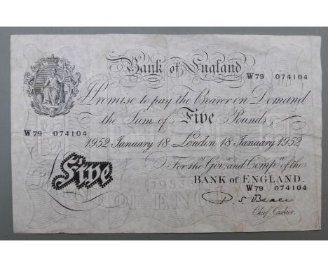 D S Beale 1952 white five pound note 18/1/52 no. W79 074104, some folds&nbsp;