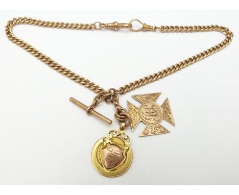A 9ct gold fob watch chain / Albert with two 9ct gold medallions, 35.7g