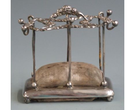 Edward VII hallmarked silver hat pin and jewellery stand with cushion to base and hanging hooks around top, Birmingham 1904 m