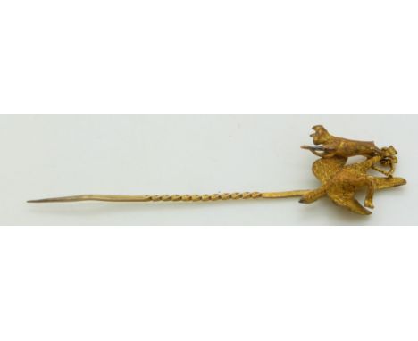 Victorian/ Edwardian 15ct gold stick pin in the form of hanging game comprising hare and pheasant, 4.5g&nbsp;