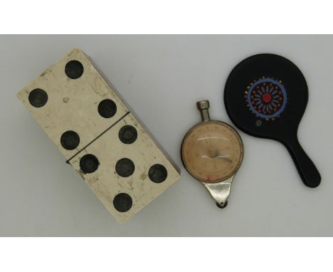 19thC miniature ivory and rosewood dominoes in wooden box with domino set to lid, compass/map measure dial, and a miniature h