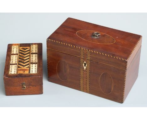 Georgian mahogany and parquetry inlaid tea caddy with feather banded edge, the lid opening to reveal two compartments, overal