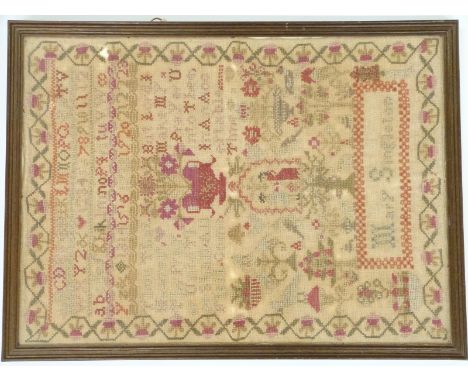 Mary Singleton sampler depicting alphabet, numbers and Christian prayer, 40 x 30cm