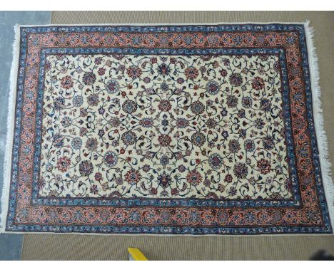 Floral rug with cream ground central panel and pink and blue border, 300 x 210cm&nbsp;