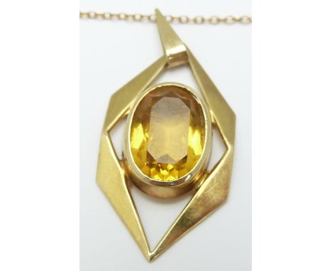 Art Deco 9ct gold pendant set with an oval cut citrine and chain, in vintage Cheltenham box, 3.2g
