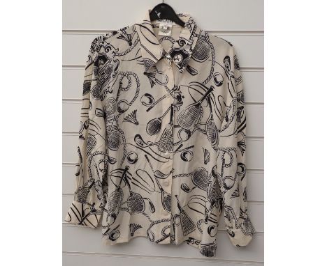 Vintage Escade silk blouse with golf and tennis decoration and mother of pearl buttons, size 40