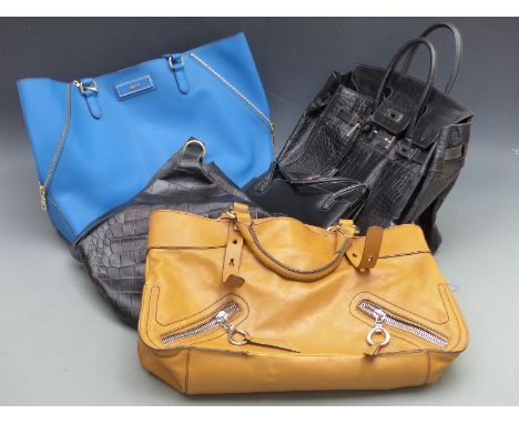Osprey black leather bag, blue DKNY bag, a black leather Lane Crawford bag, a Frances Cobiasia mustard leather bag and an F.B