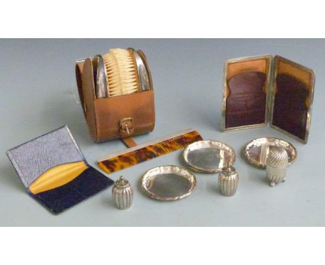 Pair of Victorian hallmarked silver peppers London 1887, further hallmarked silver pepper, cased pair of silver backed clothe