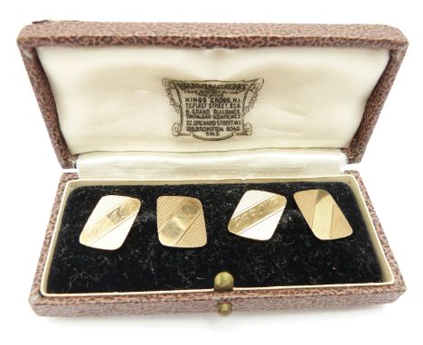 A pair of 9ct gold cufflinks with engine turned decoration in Bravingtons box, 5.4g