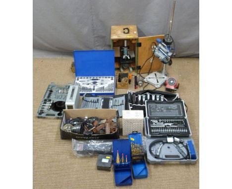 Tools to include Dremel on stand, drills, files,&nbsp; ¼" drive socket set, Opax microscope etc