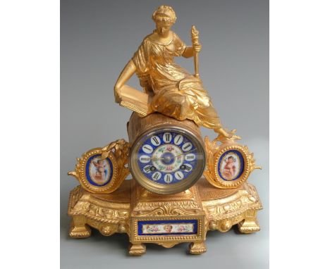 Japy Freres gilt figural mantel clock with painted porcelain dial and panels, 31cm tall