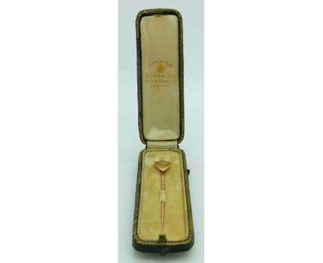 Victorian 9ct gold stick pin set with an old cut diamond, in original box, 1.2g