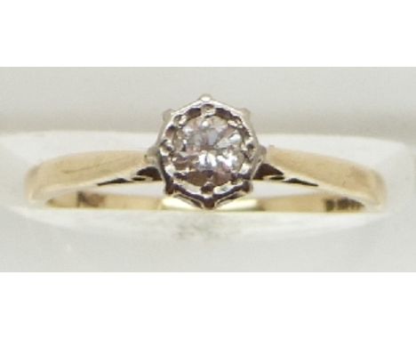 A 9ct gold ring set with a round cut diamond measuring approximately 0.2ct, 1.6g, size K