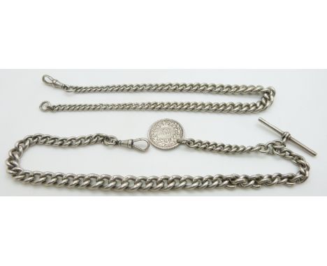 Two hallmarked graduated silver Alberts/ watch chains, one with coin fob