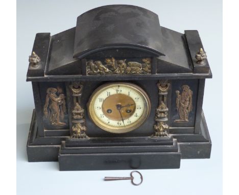 19thC slate mantel clock with Greek-style embellishments to case, the Arabic ivory coloured chapter ring with beetle and poke