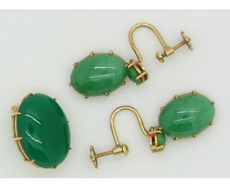A pair of 18ct gold earrings set with two jade cabochons to each and 9ct gold brooch set with agate&nbsp;