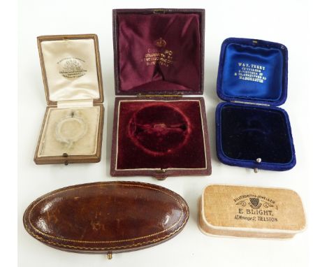 Victorian brooch jewellery box, Goldsmiths &amp; Silversmiths box, vintage tooled leather brooch box and a blue velvet box&nb