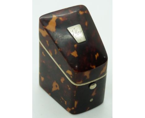 19th/20thC miniature tortoiseshell and ivory sewing etui in the form of a Georgian knife box by W Lund, 24 Fleet Street, H5cm