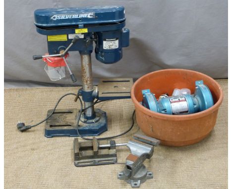 Silverline pillar drill, bench grinder, vices etc