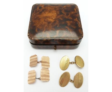 A pair of 9ct rose gold cufflinks with engine turned decoration, 2.7g and pair of rolled gold cufflinks&nbsp;