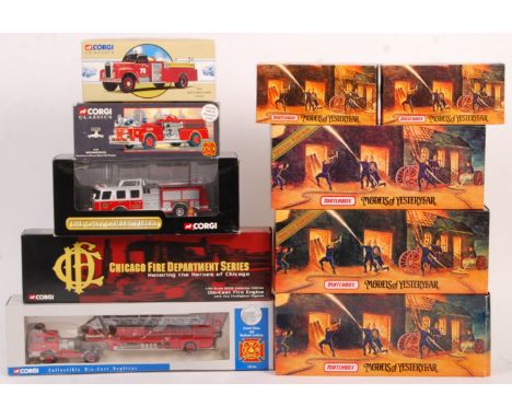 A collection of ten 2000's Corgi Toys and Matchbox made diecast 1/50 scale fire engine models complete in original boxes. Com