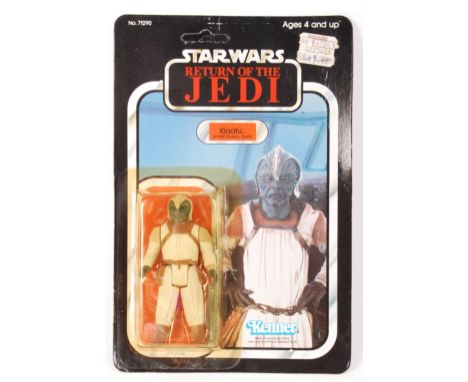 An original vintage Kenner made Star Wars carded MOC action figure ' Klaatu - In Skiff Guard Outfit '. On It's original 77 ba