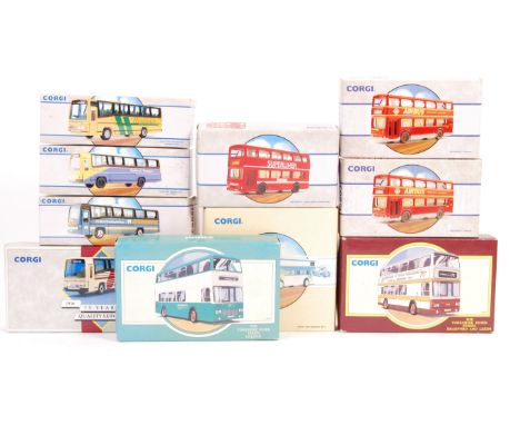 A collection of 10x Corgi boxed diecast model buses comprising: 91912, 91859, 91853, 91706, 91702 x2, 97050 double pack, 9191