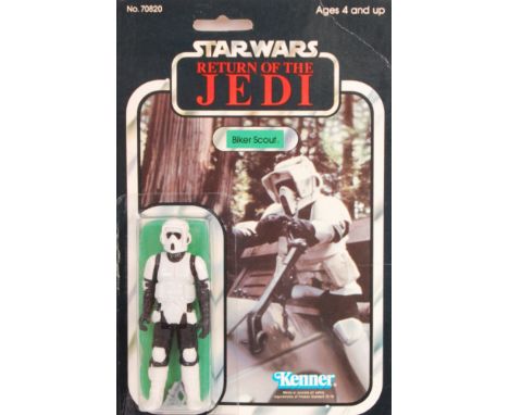 An original vintage Kenner made Star Wars carded MOC action figure ' Biker Scout '. 65 back ( 65B ) variation card. Made In M