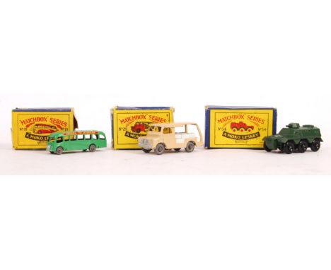 A collection of three boxed original vintage Matchbox Moko Lesney diecast models comprising: No. 21 Bedford Long Distance Coa