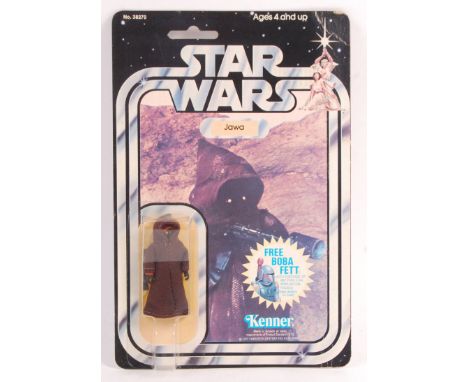 An original vintage Kenner made Star Wars carded MOC action figure ' Jawa '. Rarer 20 back ( 20H ) variation, with square Bob