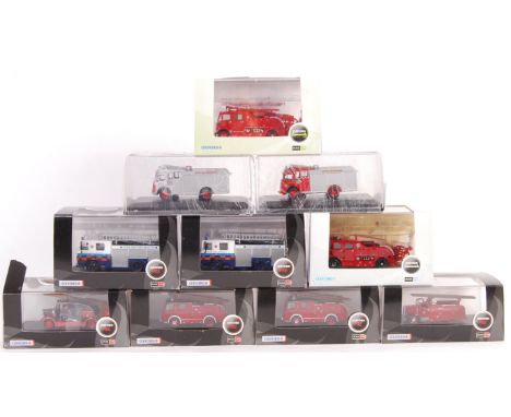 A collection of ten Oxford Diecast 1/76 model railway train scale diecast models comprising of ten fire engines: 76LC001, 76F