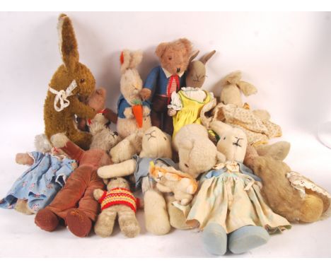 A collection of 15 assorted vintage stuffed toys teddy bear animals to include Steiff, various rabbits, mohair examples etc. 