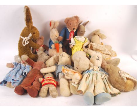 A collection of 15 assorted vintage stuffed toys teddy bear animals to include Steiff, various rabbits, mohair examples etc. 