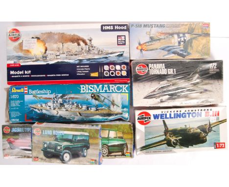 A collection of eight vintage plastic model kits to include; Airfix 02415 1/32 scale Jaguar E Type sealed, Airfix 01411 1/43 