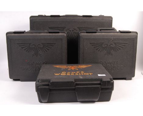 A collection of four Games Workshop Warhammer 40K and Fantasy wargaming model figure carry cases consisting of three standard
