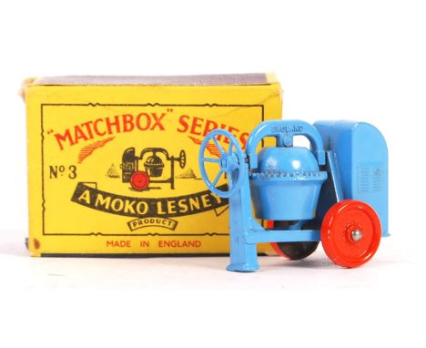 An original vintage Matchbox Series Moko Lesney boxed diecast model No. 3 Cement mixer in blue with orange plastic wheels com