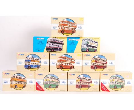 A collection of 10x assorted Corgi 1/50 scale diecast model double-deck Trolleybuses to include; 97800, 97316, 97870, 97316, 