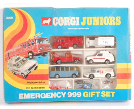 An original vintage Corgi Juniors ' Emergency 999 Gift Set ' diecast model set 3021. Contents appear very near mint to mint, 