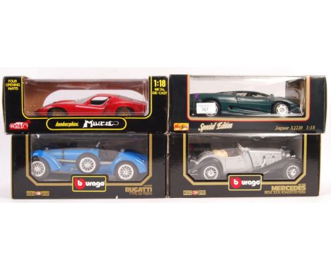 A collection of four boxed 1/18 scale diecast models comprising: Burago Mercedes Benz 500K Roadster 1936, Bugatti Type 59 193