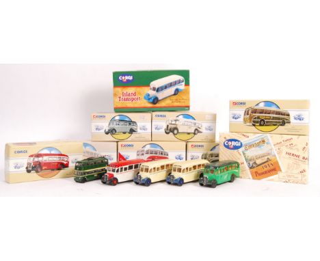 A collection of 10x original Corgi limited edition scale diecast model buses / coaches to include; 97115, 98161, 97340, 97213
