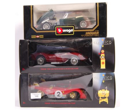 A collection of x3 assorted 1:18 scale precision diecast models - x2 Shell Classico Ferrari's and a Burago / Bburago 3016 ' E