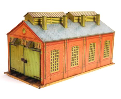 A rare vintage / early Hornby Series 0 gauge model railway ' Engine Shed 2E '. Tinplate construction, with opening doors to b