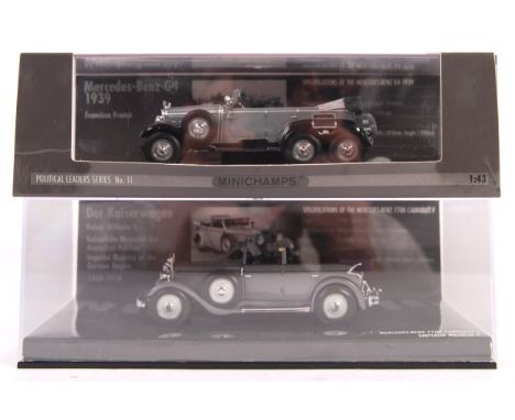 Two Paul's Model Art made Minichamps 1/43 scale precision diecast model vehicles to include; Mercedes-Benz 770K cabriolet F E