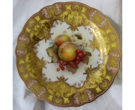 A set of three Royal Worcester porcelain cabinet plates painted with peaches and gooseberries by Richard Sebright, puce mark 