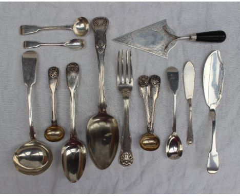 A Victorian silver fiddle pattern ladle, London, 1889, together with silver dessert fork,silver dessert spoon, silver table s