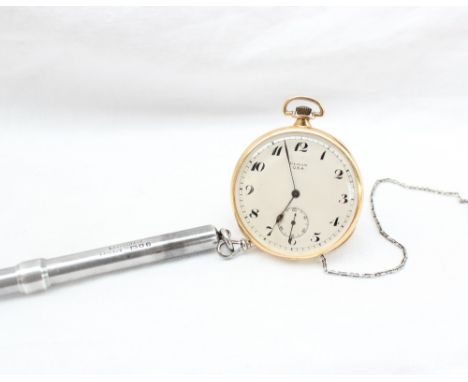 An 18ct yellow gold keyless wound open faced pocket watch, the enamel dial with Arabic numerals and a seconds subsidiary dial