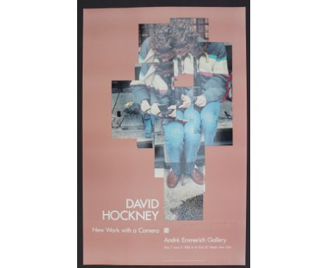 After David Hockney, (Born 1937) "Gregory loading his camera, 1983" A poster for New work with a camera exhibition at Andre E