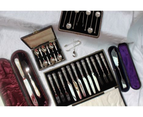 A late Victorian silver and mother of pearl carving knife and fork set, Sheffield, 1892, cased together with silver seal end 